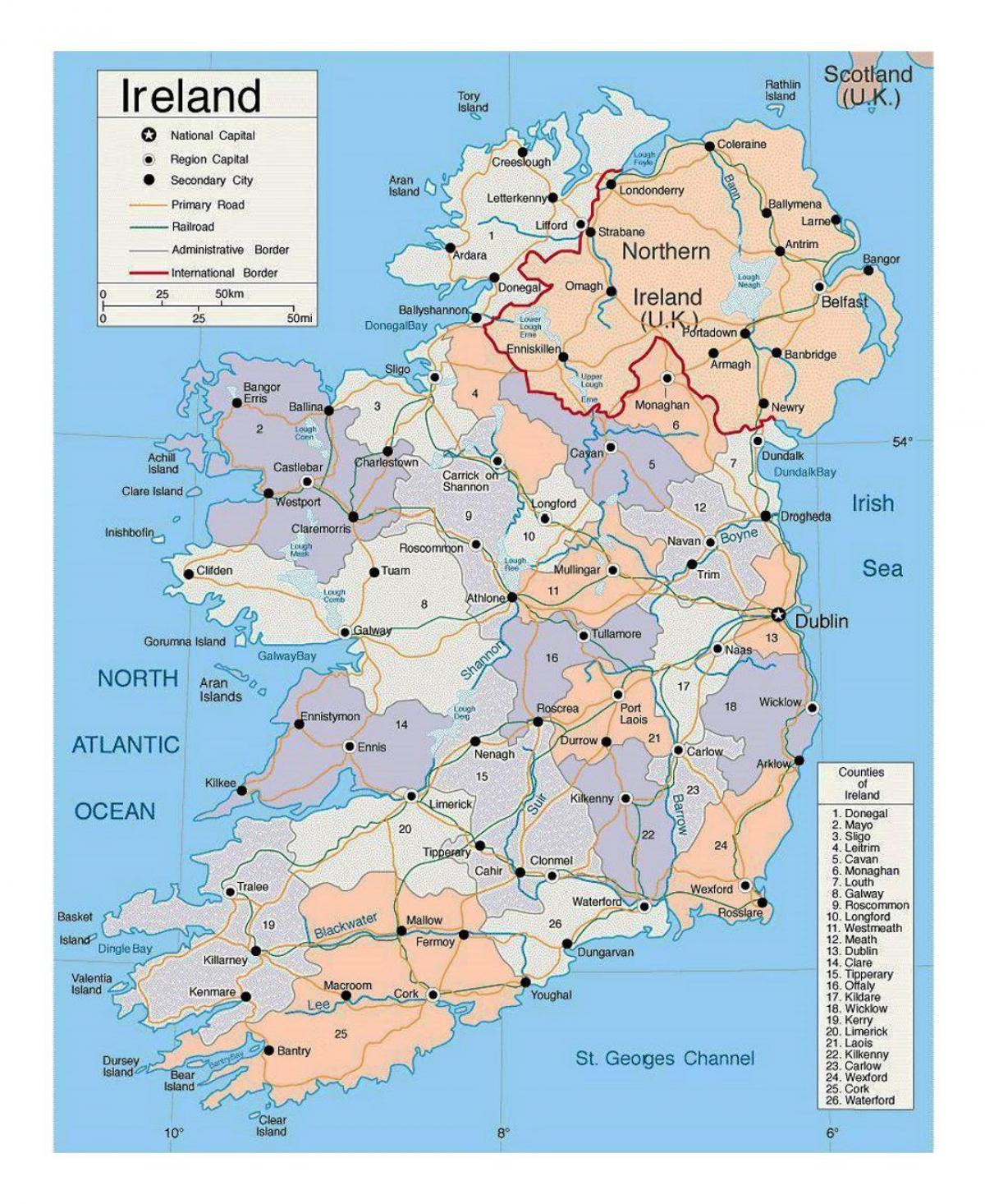 karta Irske s gradovima