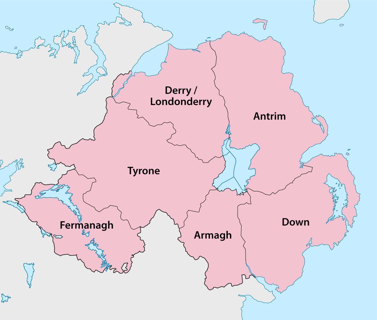 karta Sjeverne Irske županija i gradova