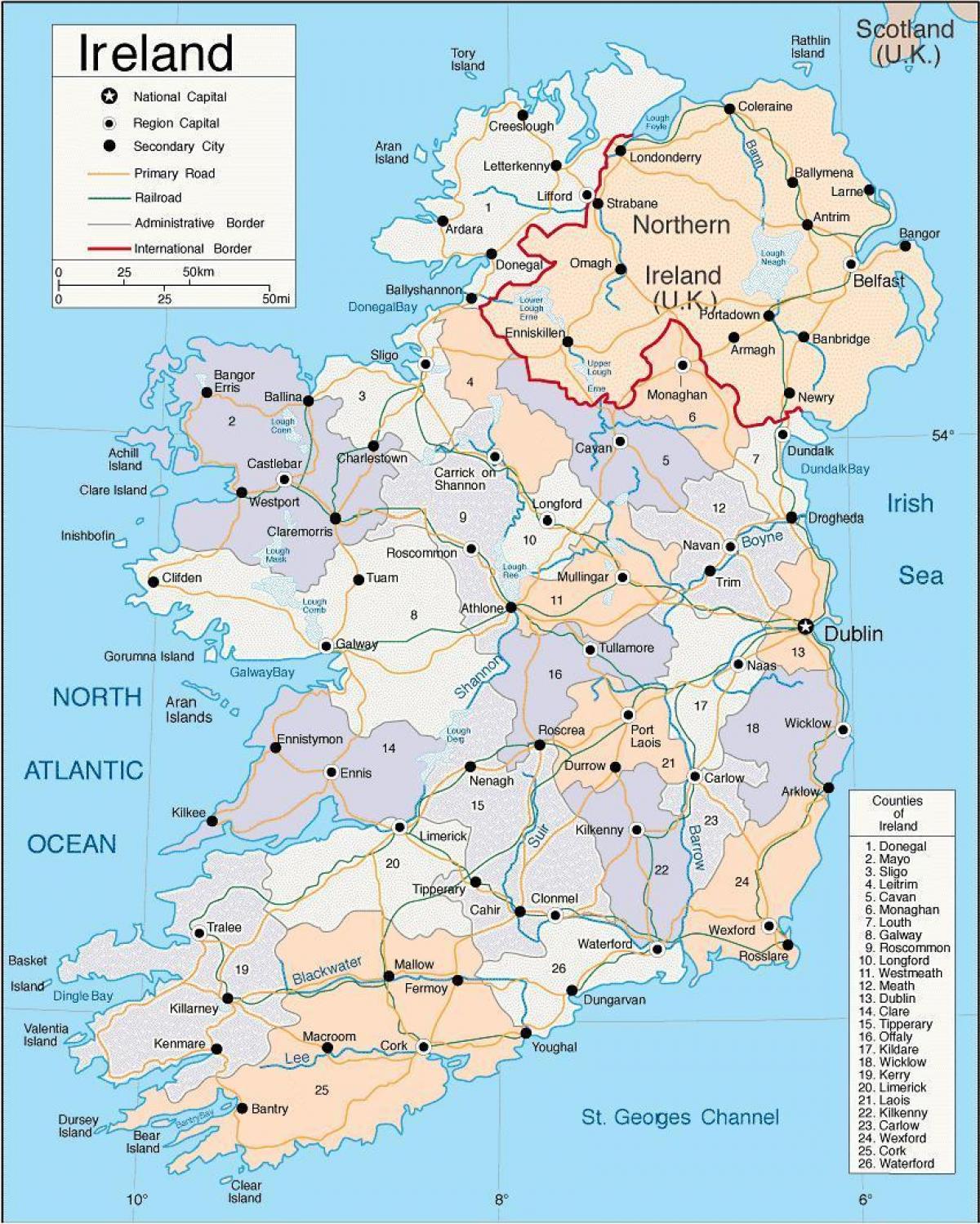 karta Irske, uključujući županija